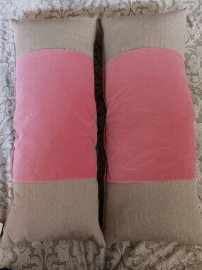 NWT Woven Cotton Flax and Coral Velveteen Rectangular Decorative Pillows